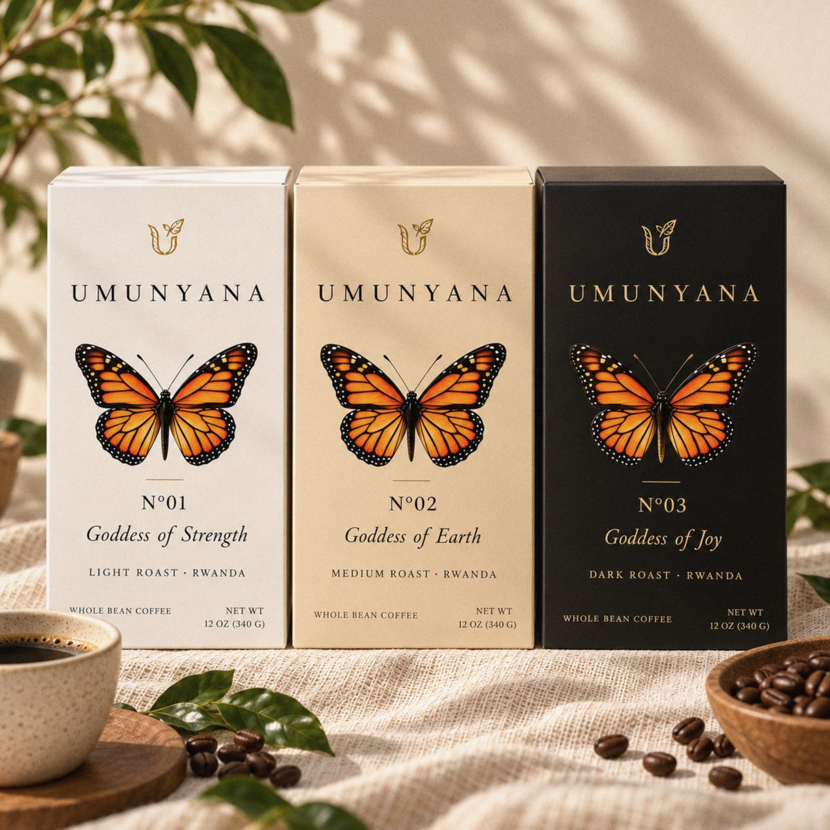 Goddess of Strength, Earth and Joy cartons side by side
