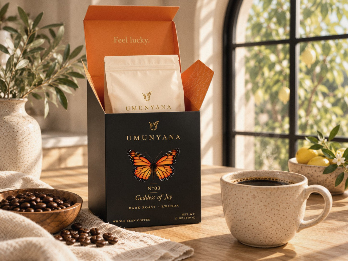 Goddess of Joy carton open to its orange inside reading Feel lucky, in a Los Angeles kitchen