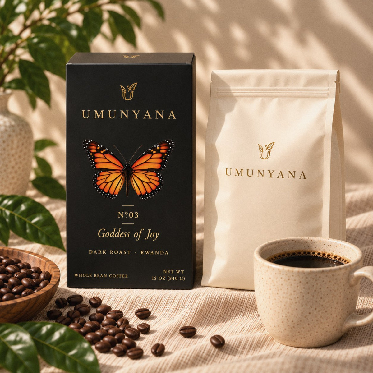 N°03 Goddess of Joy, dark roast, black carton beside the off-white bag