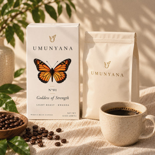 N°01 Goddess of Strength, light roast, white carton beside the off-white bag