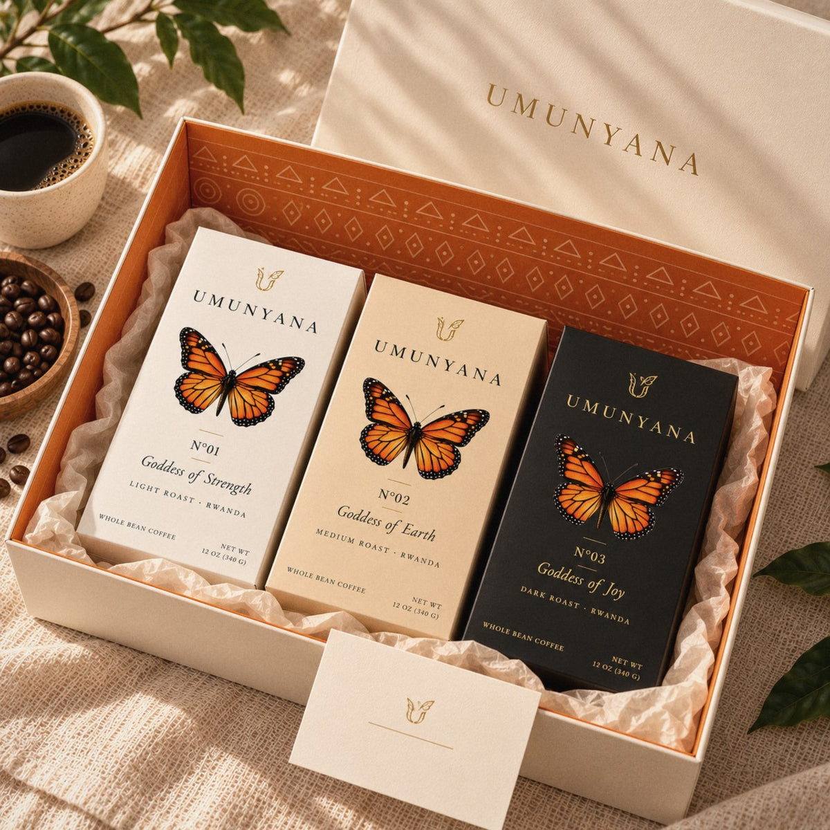 The Harvest Collection gift box, orange imigongo inside, holding the white, cream and black cartons