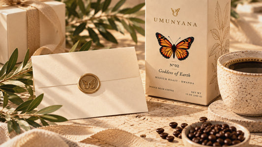 An Umunyana gift card envelope sealed with a gold butterfly, beside a Goddess of Earth carton