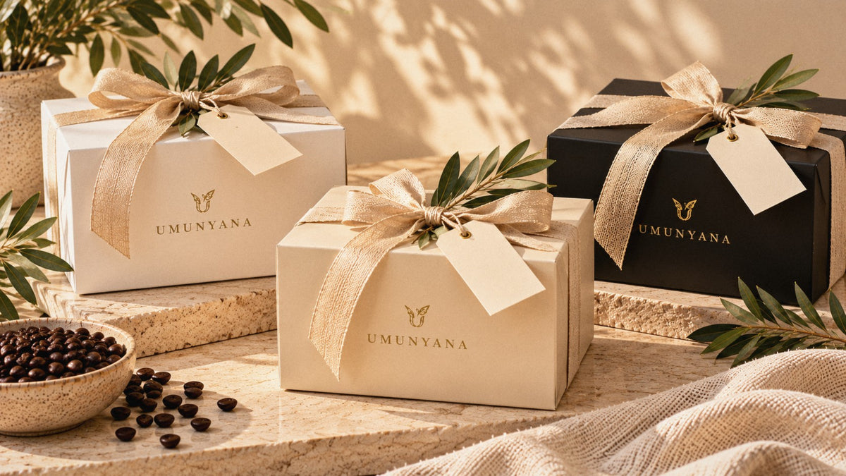 Three Umunyana gift boxes, white, cream and black, tied with oat ribbon and olive sprigs